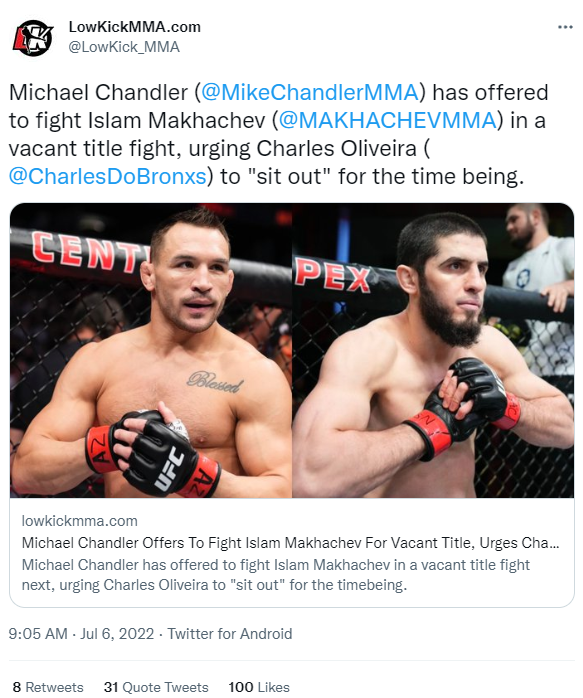 Tweet by LowKickMMA.com reporting on Michael Chandler challenging Islam Makhachev for the UFC lightweight title. Pic courtesy of Twitter.
