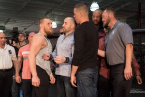 Conor McGregor (left) and Nate Diaz square off. Pic by Sherdog.com. Credit: James Armstrong